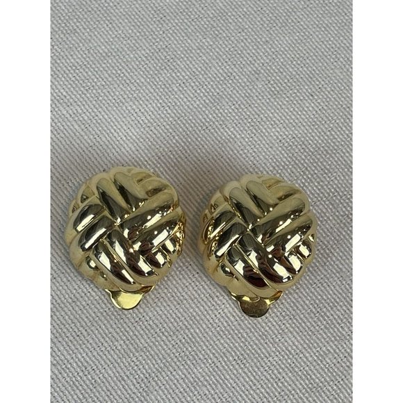 Vintage Clip On Gold Tone Basket Weave Earrings 80s 90s Rubbed - Picture 4 of 8